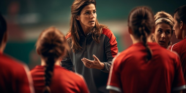 uma treinadora dando instruções ao seu time durante uma partida de futebol