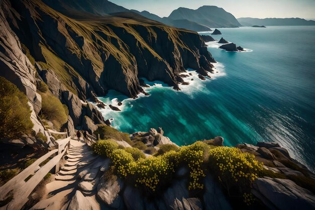 Uma trilha costeira que serpenteia entre penhascos e oferece vistas deslumbrantes de paisagens acidentadas