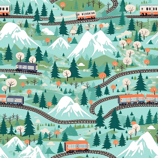 uma trilha de trem com um trem passando pelas montanhas