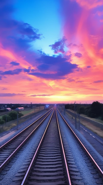 Uma trilha de trem desaparecendo à distância com um belo pôr-do-sol ao fundo