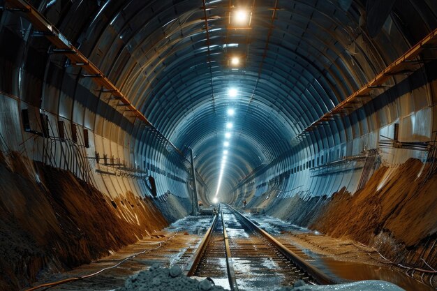 Uma trilha de trem se estende através de um túnel desaparecendo na escuridão enquanto continua em sua jornada O processo de construção de um túneis de alta tecnologia com recursos de segurança integrados AI Gerado