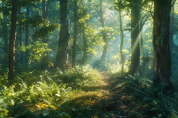 Uma trilha panorâmica através de uma floresta densa com