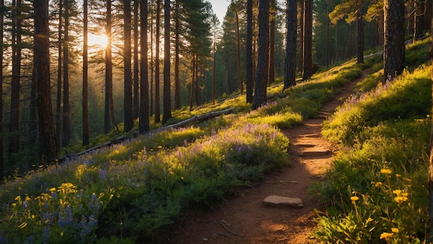 Uma trilha sinuosa de montanha que leva através de uma densa floresta de pinheiros com poços de filtros de luz solar dourada