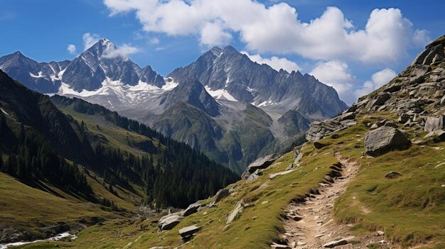 Foto uma trilha subindo uma colina gramada com montanhas cobertas de neve ao fundo