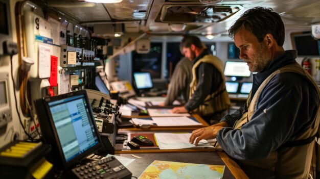 Foto uma tripulação de engenheiros e cientistas a bordo do navio estudando mapas e dados na sala de controle