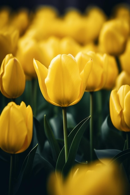 Uma tulipa amarela em um campo com a palavra tulipas.