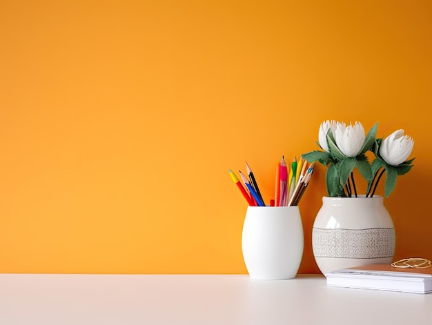 Uma tulipa branca fica em um vaso branco em uma mesa ao lado de um laptop.