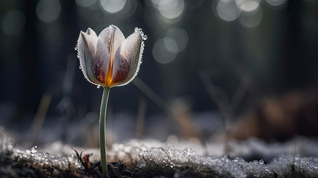 Uma tulipa na neve com o sol brilhando sobre ela