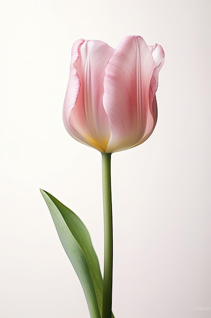 Uma tulipa rosa com um caule verde e uma folha verde.