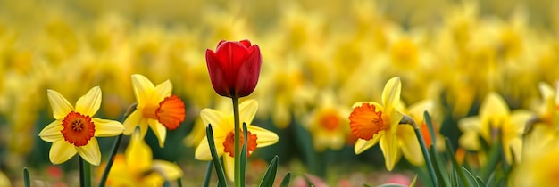 Uma tulipa vermelha ousada ousa ser diferente entre um campo de narcisos amarelos da primavera