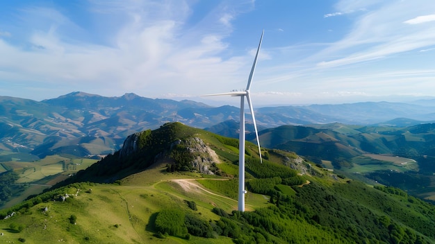 Foto uma turbina eólica em operação no topo de uma montanha