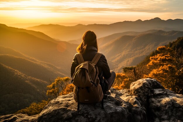 Uma turista com uma mochila senta-se em uma rocha com vista para as montanhas