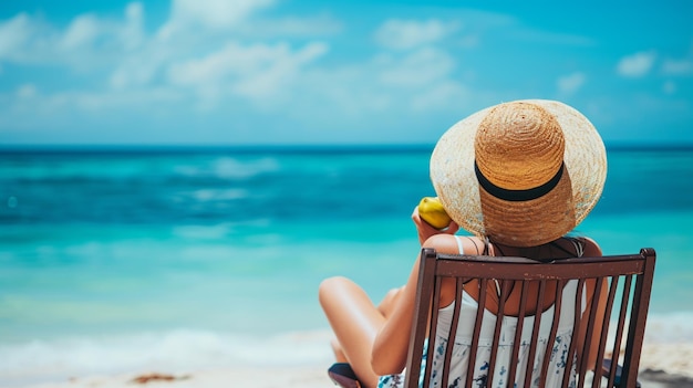 uma turista deitada em uma cadeira de praia apreciando a bela atmosfera da praia IA generativa