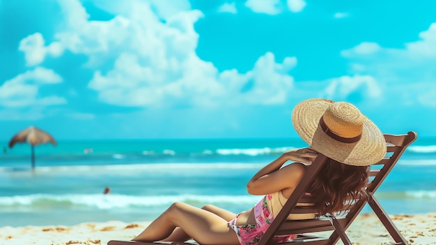 uma turista deitada em uma cadeira de praia apreciando a bela atmosfera da praia IA generativa