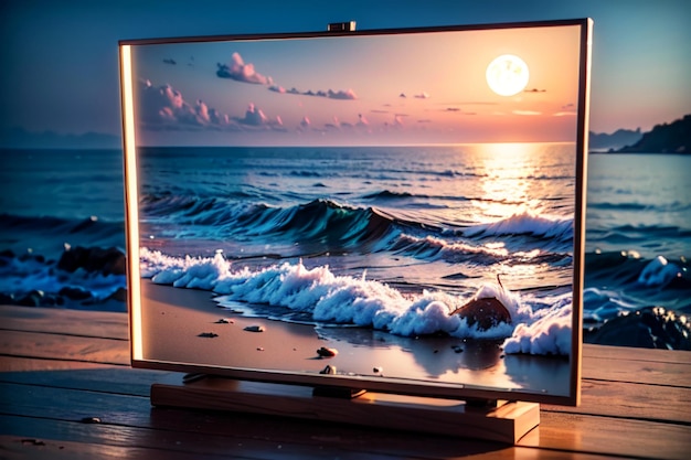 Uma tv com um pôr do sol na tela