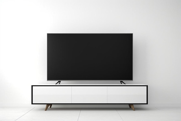 uma tv de tela plana em uma parede branca com um suporte branco embaixo dela.