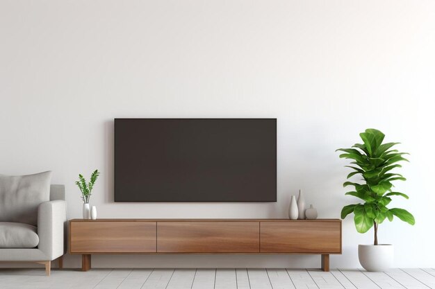 uma tv de tela plana em uma parede branca com uma planta na mesa