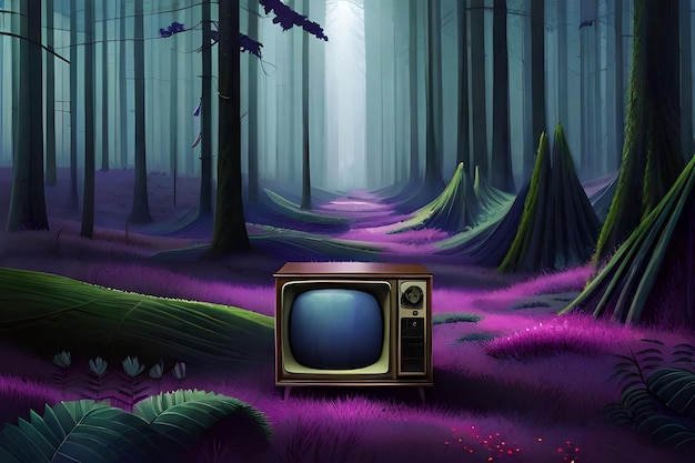 Uma tv em uma floresta roxa com um fundo roxo e uma tv nela.