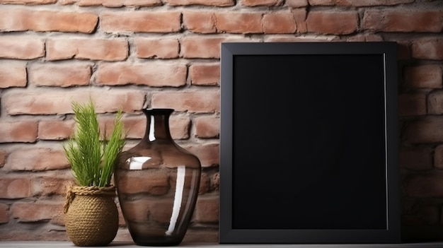 Uma tv emoldurada preta com um vaso na mesa ao lado
