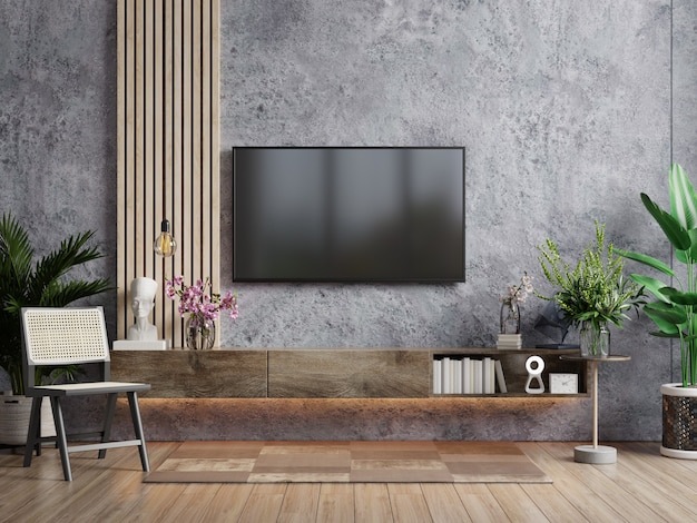 uma TV na sala de estar moderna com poltrona e planta no fundo da parede de concreto, renderização em 3D
