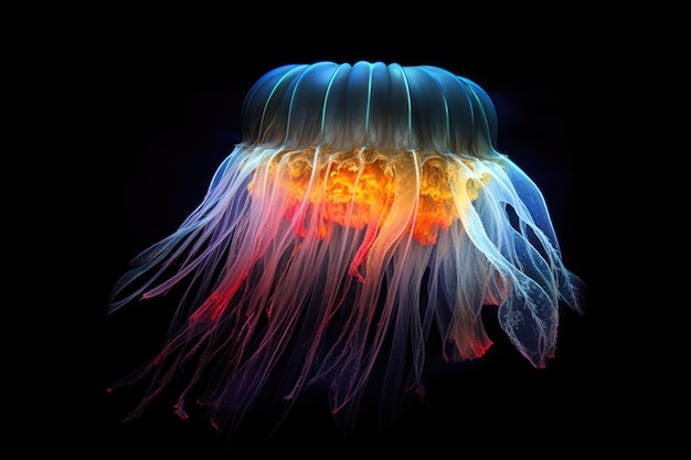 Uma única água-viva brilhante nas profundezas do oceano escuro criada com IA generativa