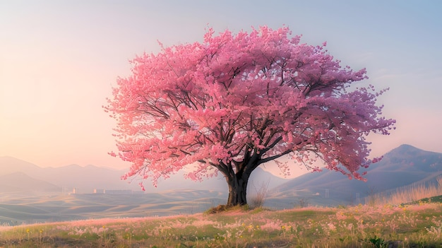 Uma única árvore rosa está em uma encosta com uma cordilheira no fundo O céu é azul