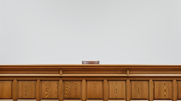Uma única cadeira de couro marrom espiando sobre uma barreira de tribunal de madeira contra uma parede branca plana