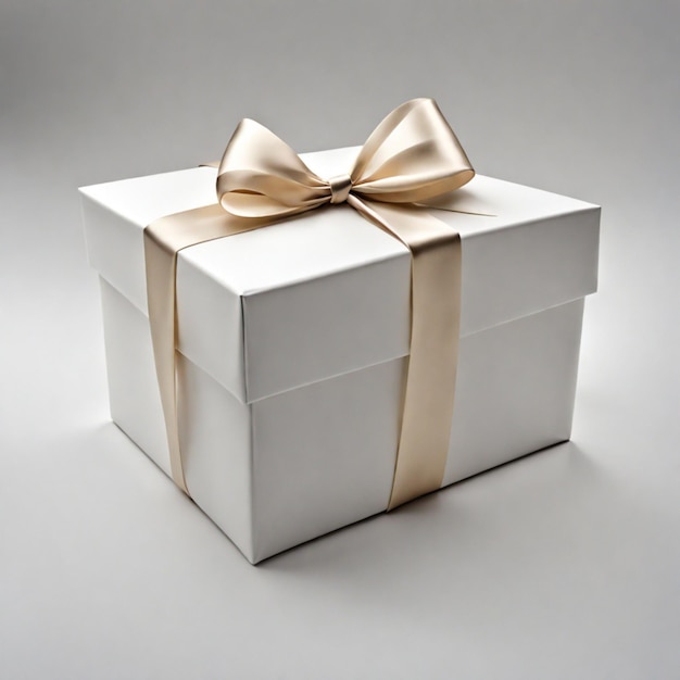 Foto uma única caixa de presente branca minimalista embrulhada com uma fita em um fundo branco