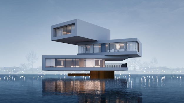 Uma única casa contemporânea de pé em um reflexo da água