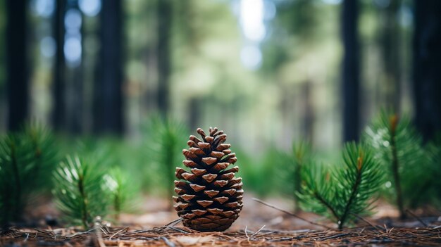 Uma única cone de pinheiro descansando no chão da floresta entre agulhas de pinheiro destacadas pelo suave