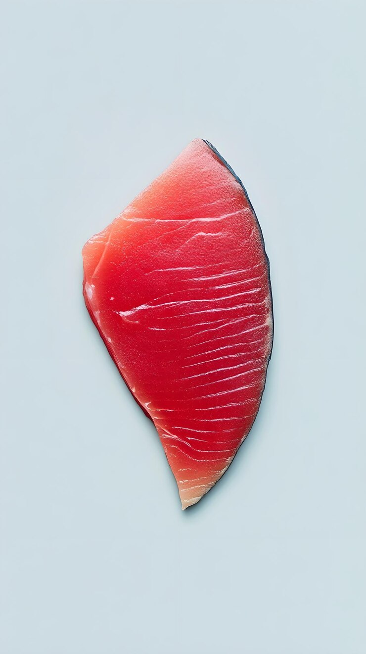 Foto uma única fatia de atum colocada em um fundo minimalista destacando a beleza natural e a cor vibrante do peixe