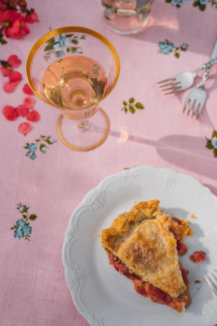 Foto uma única fatia de torta de ruibarbo em prato branco toalha de mesa rosa com rosas azuis vinho rosa