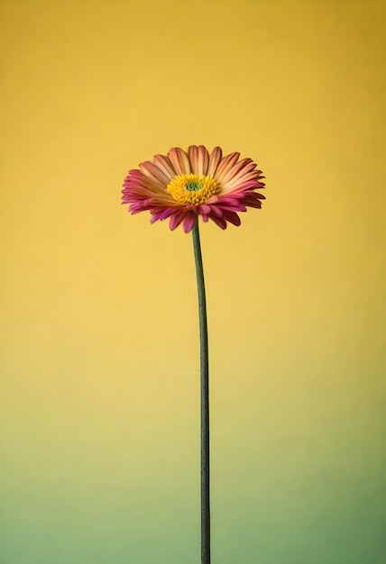 uma única flor amarela rosa mista está de pé na frente de um fundo amarelo e verde