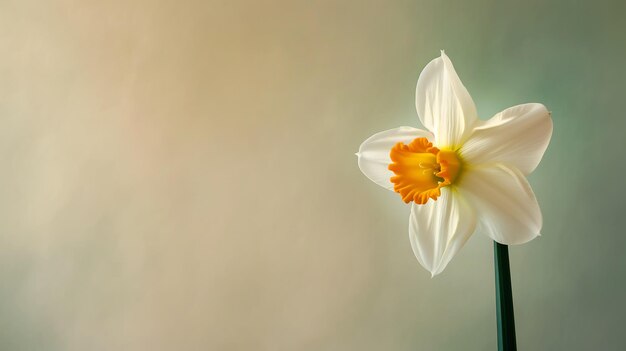 Uma única flor branca de narcisos contra um fundo plano, símbolo de renovação e de Marie Curie