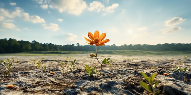 Uma única flor de laranja no meio de um campo