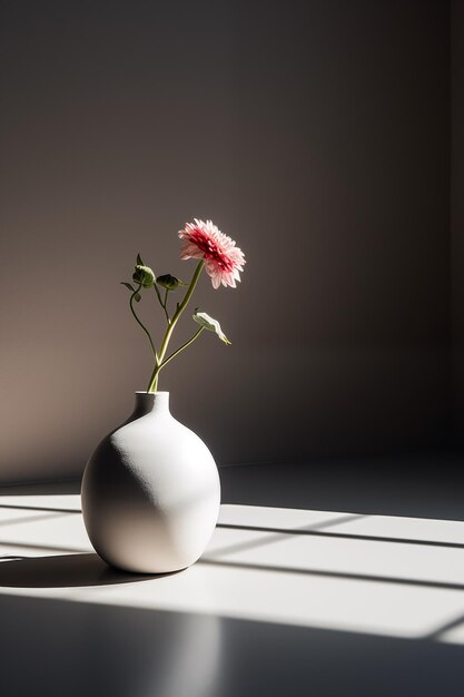 Uma única flor num vaso, uma simplicidade impressionante na luz e na sombra.