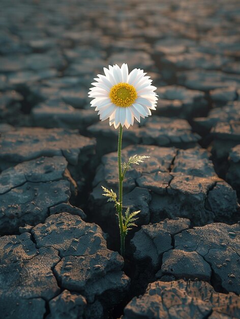 Foto uma única flor numa área seca e rachada