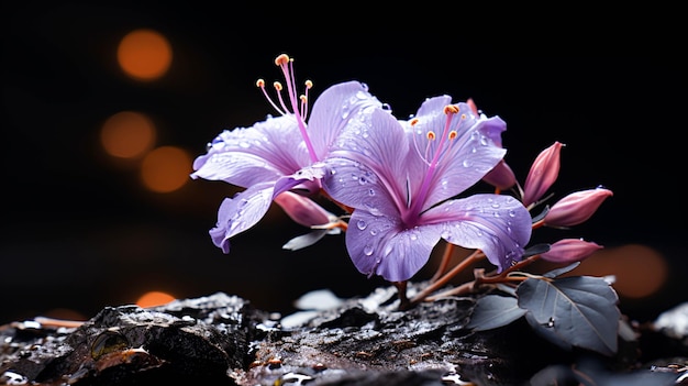 Uma única flor roxa sobre um fundo escuro