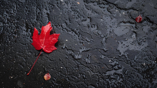 Uma única folha de bordo vermelha fica no asfalto molhado depois da chuva a folha é de um vermelho vibrante e as veias são claramente visíveis