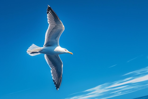 Uma única gaivota voando elegantemente contra o vasto céu azul.