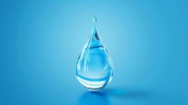 Uma única gota de água clara sobre um fundo azul