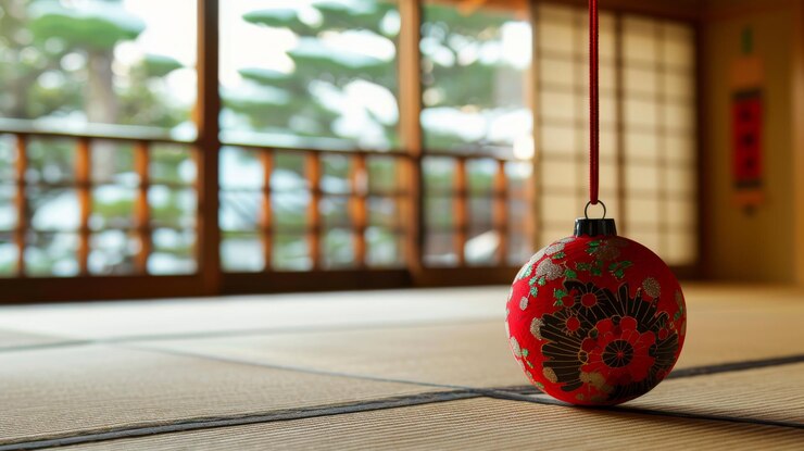 Foto uma única joia de natal vermelha com padrões intrincados pendura dentro de casa com uma vista serena de uma tradicional varanda de madeira e jardim ao fundo