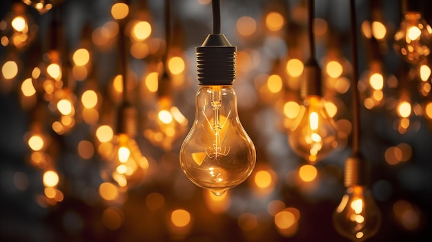 Uma única lâmpada radiante em meio a um grupo de lâmpadas apagadas em uma área escura com espaço adequado para pensamento criativo e resolução de problemas