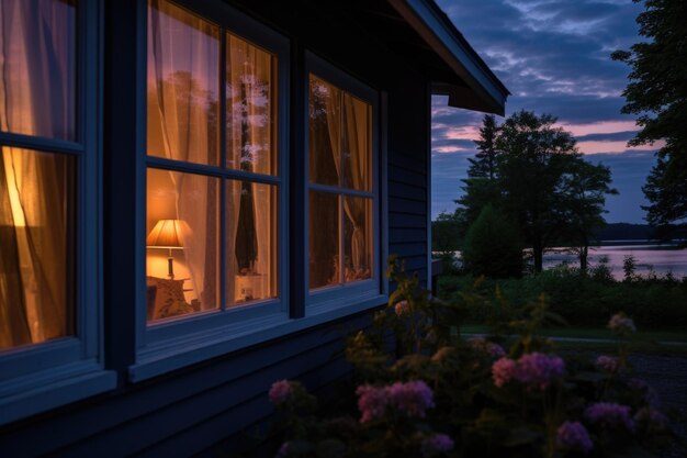 Uma única luz iluminando uma janela de casa de campo durante o anoitecer