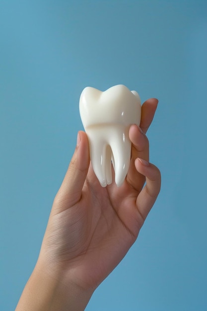 Uma única mão segurando um modelo de dente branco impecável isolado contra um fundo azul