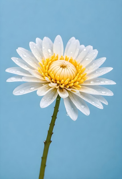 uma única margarida branca com centro amarelo em um fundo azul