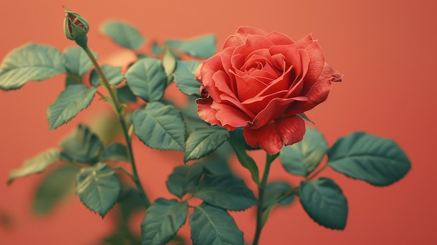 Uma única rosa vermelha em plena floração com folhas verdes se destaca contra um fundo vermelho coeso