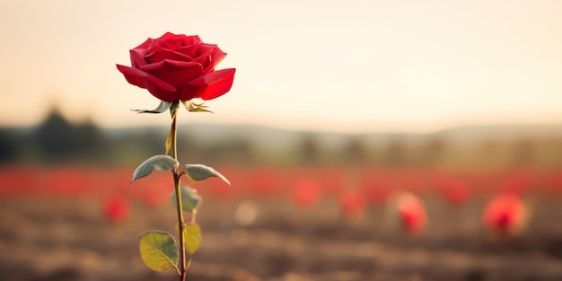 uma única rosa vermelha no meio de um campo