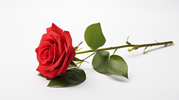 uma única rosa vermelha sentada numa superfície branca