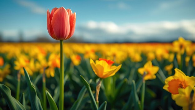 Foto uma única tulipa vermelha no meio de um campo de tulipas amarelas sob um céu brilhante